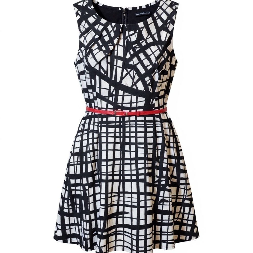 Plus Size Black and Cream Patterned Dress with Red Belt